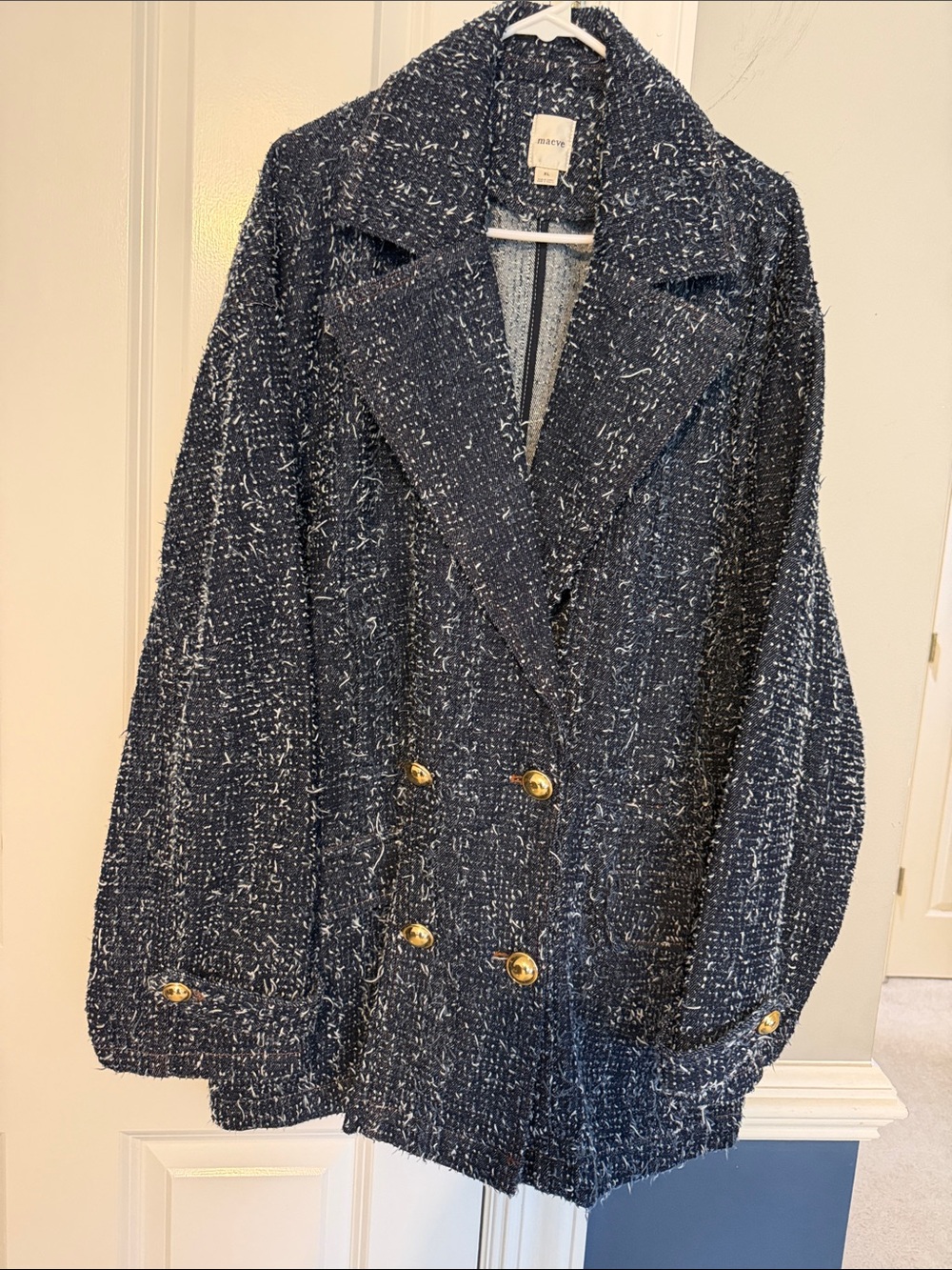 Maeve Navy Tweed Double-Breasted Blazer with Gold Buttons